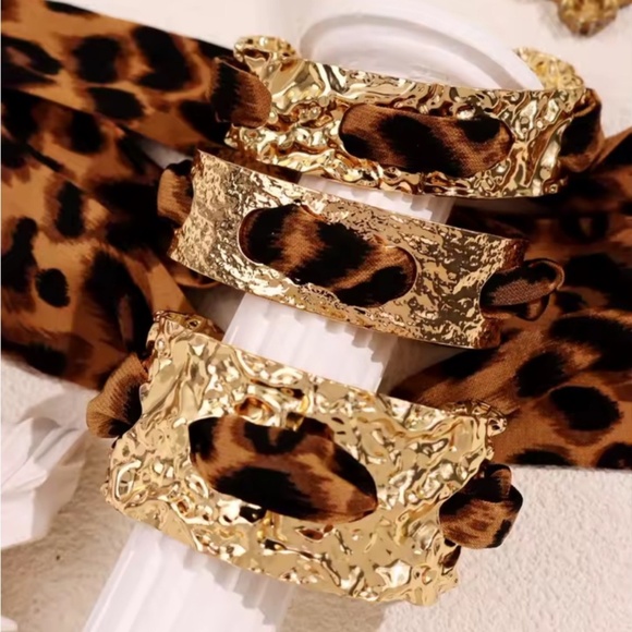 Leopard Print Gold Cuff Bracelet – Wild Animal Pattern Statement Jewelry - Picture 3 of 6